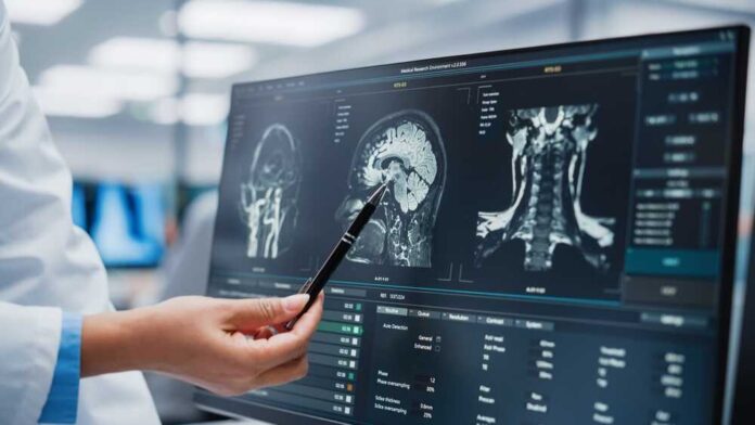 shutterstock_2140344447.jpg featured image Doctor pointing at brain scans on a computer screen.