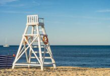 Lifeguard chair on sandy beach near ocean