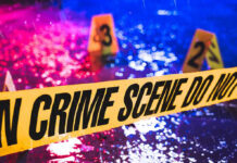 Crime scene tape with blurred evidence markers