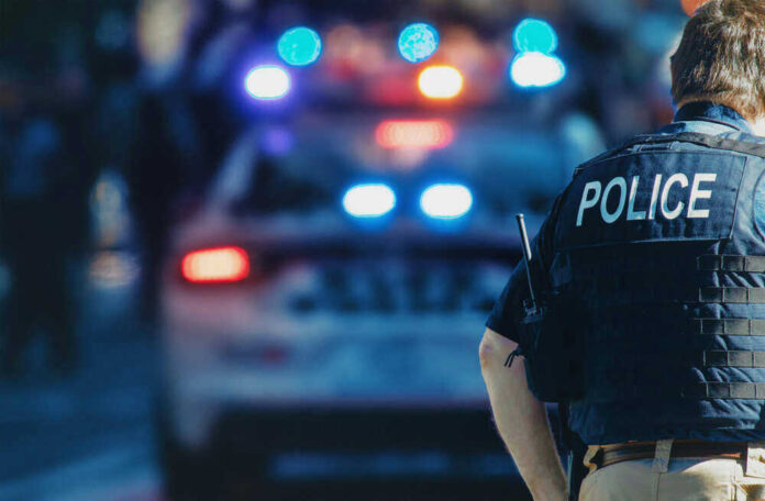 Police officer stands near patrol car