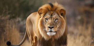 Lion walking through dry grass in the wild