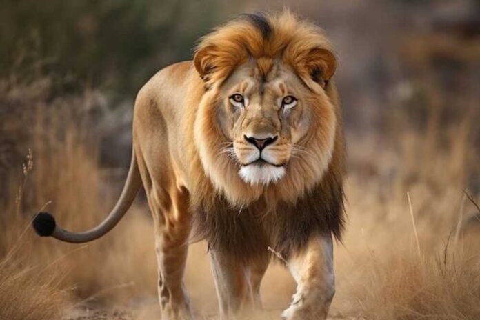 shutterstock_2357229211.jpg featured image Lion walking through dry grass in the wild