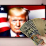 Major Banks REFUSED Trump’s Money?! Hand holding cash in front of American flag background with Donald Trump's face