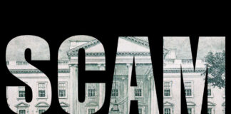 The word 'SCAM' formed by a background of a dollar bill