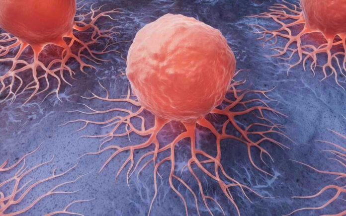 Cancer cells spreading on a blue surface.