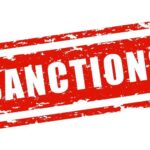 U.S. Strikes Back: Massive Sanctions Red stamp with the word 'SANCTIONS' in bold white letters