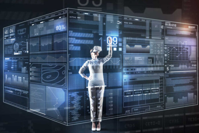 Person using a virtual reality headset interacting with a digital interface