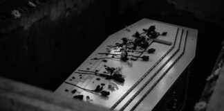 Coffin with flowers inside a dark burial plot.