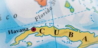 Close-up of a map highlighting Cuba and its capital Havana