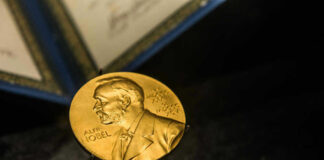 Nobel Prize medal featuring Alfred Nobels profile.