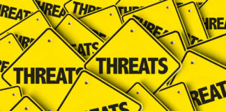 Yellow signs with the word threats overlapping
