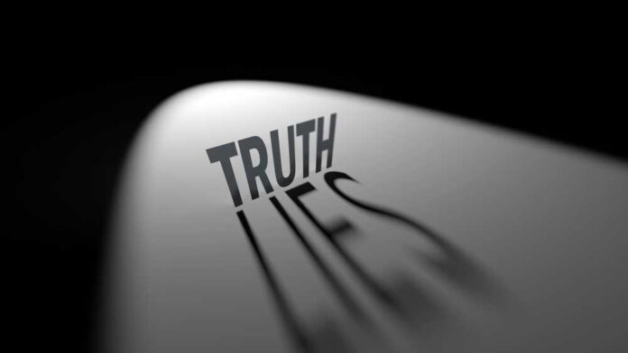 Truth casting shadow spelling Lies on curved surface.