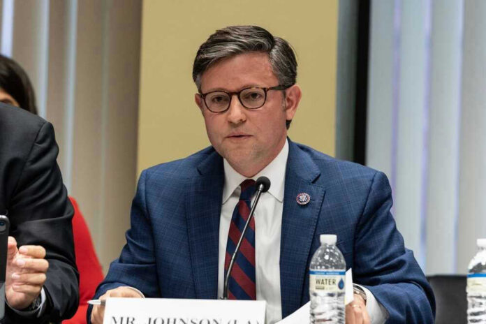 Mike Johnson in a suit speaks into a microphone.