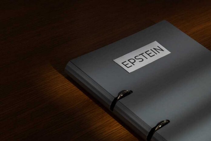 A gray folder labeled 'EPSTEIN' resting on a wooden surface