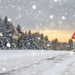 Snow-covered road with a warning sign and pine trees in the background