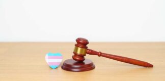 A wooden gavel next to a heart-shaped transgender pride flag