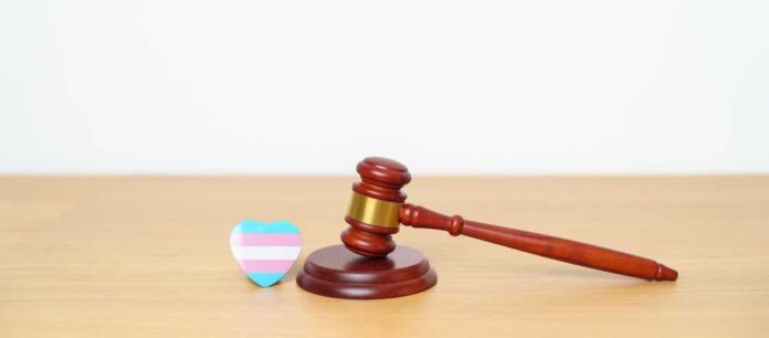 shutterstock_2304533485.jpg A wooden gavel next to a heart-shaped transgender pride flag