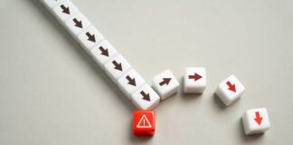 A red warning block surrounded by white blocks with directional arrows