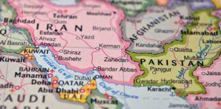 Map showing countries in the Middle East and South Asia