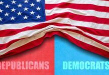 American flag draped over a divided background representing Republicans and Democrats