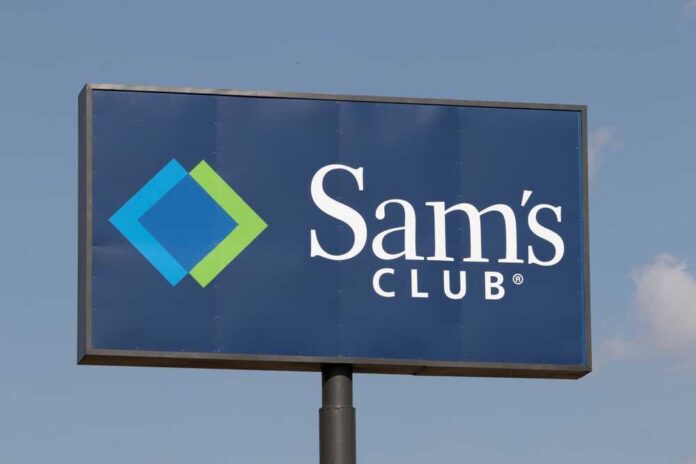 Sign for Sam's Club featuring a blue background and logo