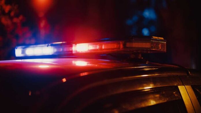 Close-up of a police car's emergency lights at night