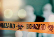 Biohazard tape with blurred figures in background.