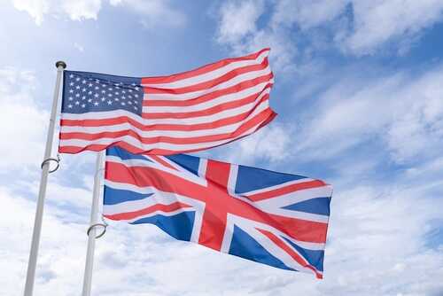 American and British flags waving against a blue sky