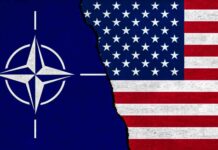 NATO flag on the left and USA flag on the right, with a torn effect in the middle
