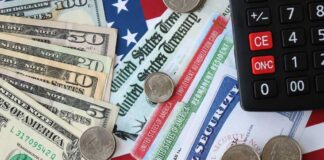Various denominations of U.S. currency and financial documents on a flag background