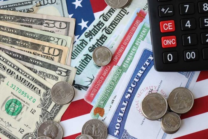 shutterstock_2612465229.jpg Various denominations of U.S. currency and financial documents on a flag background