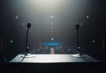 Political Earthquake: Nationalist Regime COLLAPSES Overnight View of a podium with microphones in a dimly lit auditorium