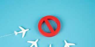 A red prohibition sign surrounded by white airplane models on a blue background