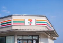 Exterior view of a 7-Eleven convenience store under a clear blue sky