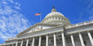 US Capitol building with American flag and columns