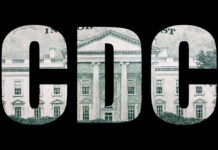Artistic representation of the letters CDC overlaid on a dollar bill featuring a government building