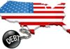 Map of the USA with an American flag design and a ball and chain labeled 'DEBT'