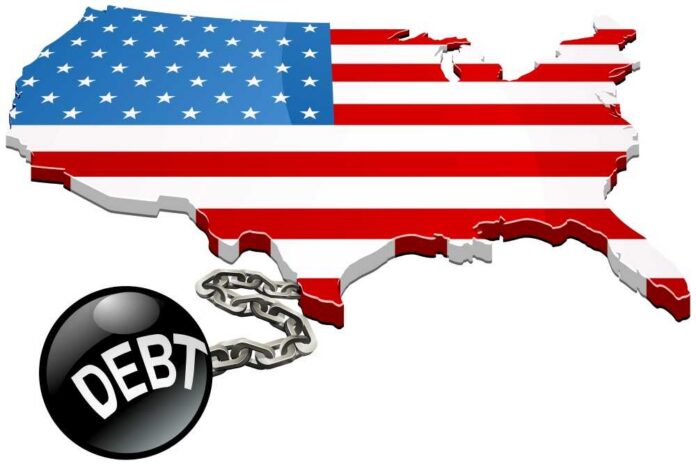 Map of the USA with an American flag design and a ball and chain labeled 'DEBT'