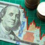 One hundred dollar bill and coins with stock market graph.