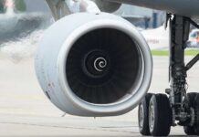Close-up view of a jet engine mounted on an aircraft
