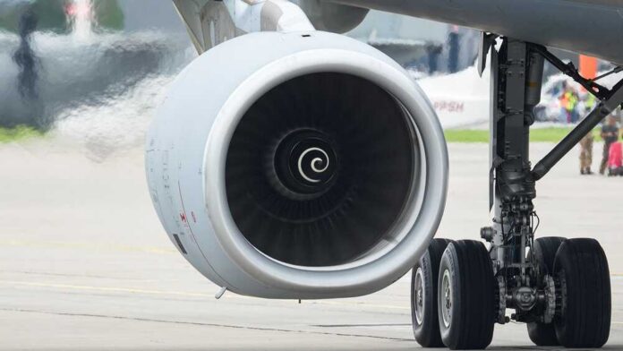 shutterstock_2766429939.jpg Close-up view of a jet engine mounted on an aircraft