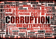 Corruption-related word cloud, highlighting corruption, political, bribery.
