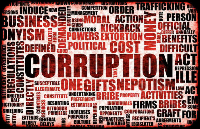 Corruption-related word cloud, highlighting corruption, political, bribery.