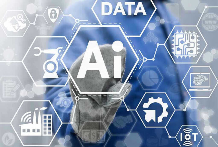 566888527 AI technology concept with various industry icons.