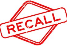 THIS Recall Sparks Fire Fear Red stamp with the word 'RECALL' inside a diamond shape