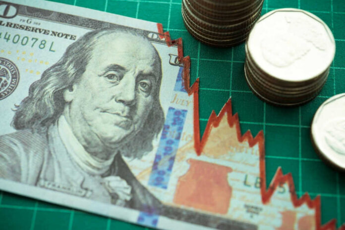 One hundred dollar bill and coins with stock market graph.