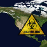 Ebola Surge Sparks Alarm North America map with biohazard warning triangle overlay