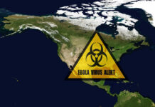 Ebola Surge Sparks Alarm North America map with biohazard warning triangle overlay