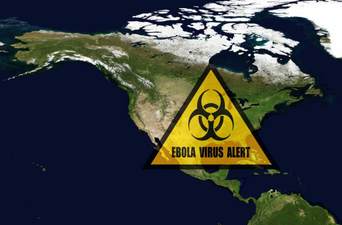 Ebola,Danger,In,Usa.elements,Of,This,Image,Furnished,By,Nasa. North America map with biohazard warning triangle overlay