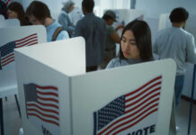 Map Flip Triggers 5-1 Voting Change People voting in booths with American flags.